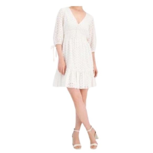 Taylor Cotton Smocked A-Line Dress White 6 NWT - Picture 1 of 2